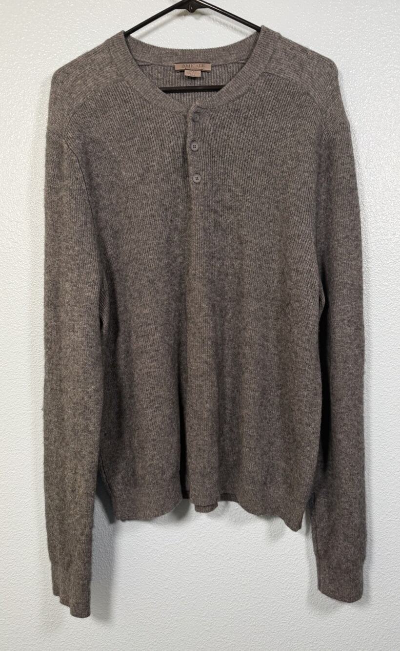 Amicable Men’s XXL Wool Cashmere Ribbed Henley Sweater Gray Pullover